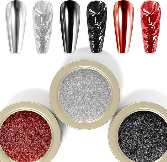 Laza 3 Colors Halloween Chrome Nail Powder Mirror Effect Metallic Dust Holographic Glitter Glazed Manicure Decoration Reflective Pigment for DIY Gel Polish Nail Art Resin Craft Gift - Red Black Silver