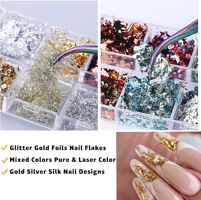 Gold Foils Nail Glitter Supplies 36 Colors Golden Flakes for Nails Art Sparkly Ultra-Thin Aluminum Holographic Foils Nail Art Decoration Gold Leaf DIY 3D Metallic Nail Sequins Manicure Accessories