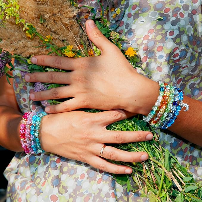 Zefy 1500+ Pcs 8mm Glass Beads for Bracelets, 48 Colors Crackle Glass Beads for Jewelry Making, Round Crystal Bead for DIY Earrings Necklace Crafts with Spacer Bead and Charms