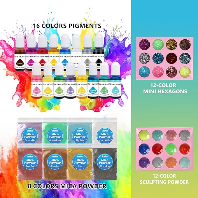 OcePor Epoxy Resin 1 Gallon - Clear Epoxy Resin Kit with 16 Pigments and 8 Colors of Mica Powders - No Yellowing No Bubble Casting Resina for Art Crafts, Jewelry Making & Resina Molds(1/2 Gallon x 2)