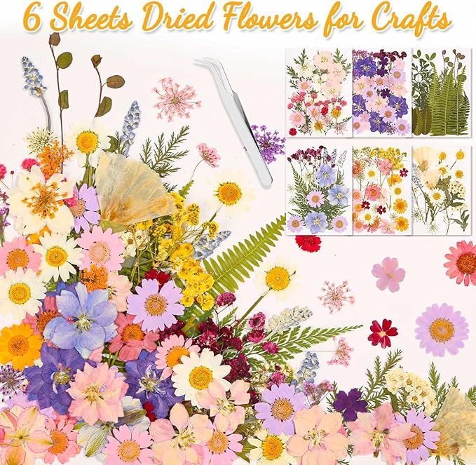 124 Pcs Dried Pressed Flowers for Resin Crafts, Real Pressed Wildflowers Natural Dry Leaves Bulk with Tweezer for Epoxy Resin Jewelry Molds, Candle Soap Making, Scrapbook, Bookmark, Nails Decor