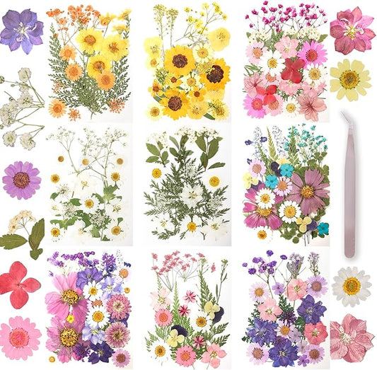 200Pcs Dried Pressed Flowers Resin Mould Real Flowers Natural Dry Leaves Bulk Mixed Colorful Herbs Kit with Tweezers for Scrapbooking DIY Candle Jewelry Crafts Making Nails Decoration(Multicolor)