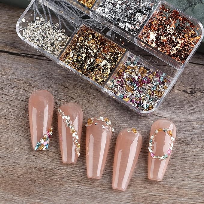 6 Colors Metallic Nail Art Foil Holographic Dazzling Irregular Nail Sequins Gold Silver Design Nail Glitter Shiny Nail Accessories for Face Eye Nail Art Supplies for Women Party DIY Nail Decoration