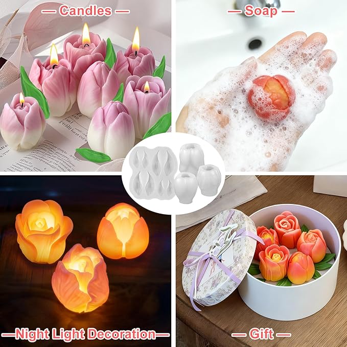 ZQYSING 4 PCS Tulip Candle Molds with Leaf Mold, 3D Flower Silicone Molds for Candles Wax Soap Clay Plaster Epoxy Resin Home Decorations