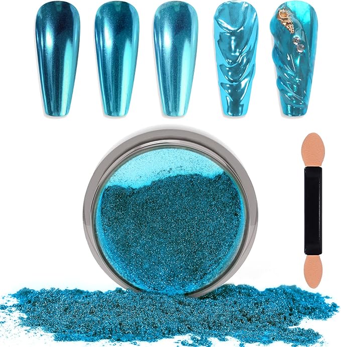 Laza Chrome Nail Powder Mirror Effect Metallic Dust Holographic Glitter Glazed Manicure Decoration Reflective Pigment for DIY Gel Polish Nail Art, Resin Craft, Gifts - Lake Blue