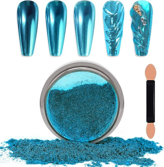 Laza Chrome Nail Powder Mirror Effect Metallic Dust Holographic Glitter Glazed Manicure Decoration Reflective Pigment for DIY Gel Polish Nail Art, Resin Craft, Gifts - Lake Blue