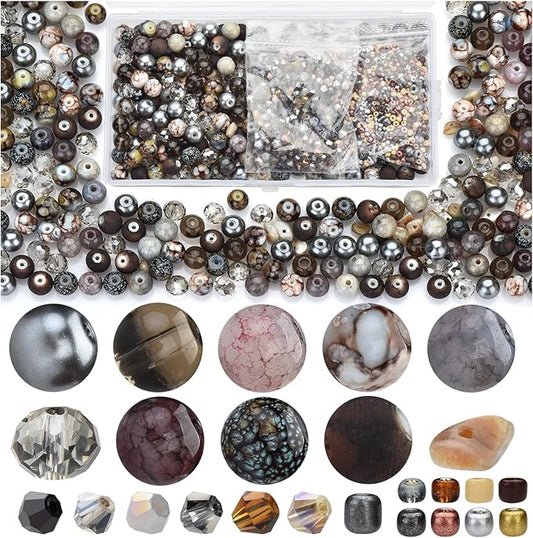 Rired 27 Craft Beads Bracelet Making Kit, 900pcs Grey Beads Include Assorted Glass Beads, Bicone Beads, Spacer Seed Beads for Jewelry Making, Necklace, Phone Charms and DIY Earrings