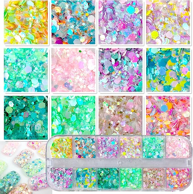 AddFavor 4 Boxes Nail Glitter Holographic Maple Chunky Glitter Flakes Mixed Shaped Flower Heart Star Iridescent Nail Sequins Decals for Fall Nail Art/False Eyelash Decor Supplies