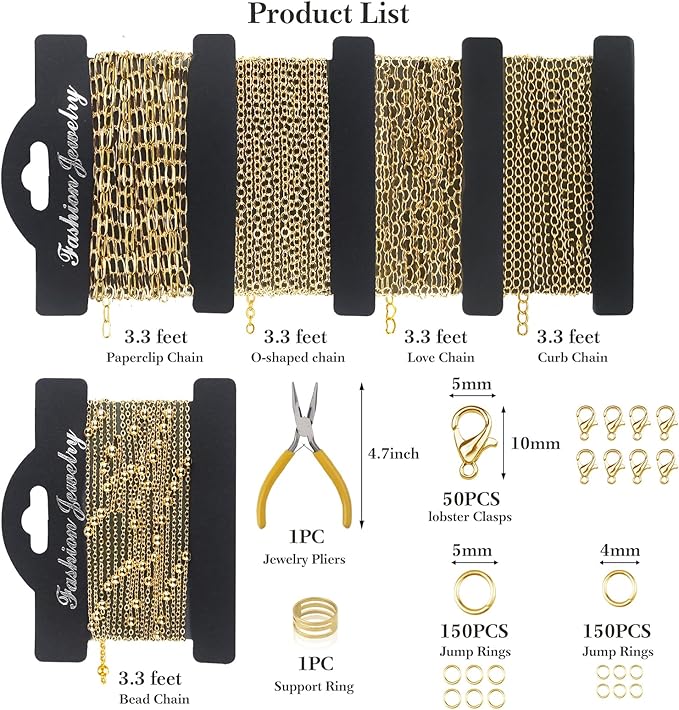 14k Gold Necklace Chain for Jewelry Making, 16.6 Feet Total (5 Rolls) DIY Bracelet Chains with 300 Jump Rings, 50 Lobster Clasps, 1 Jewelry Pliers,1 Support Ring and 50 Pendants