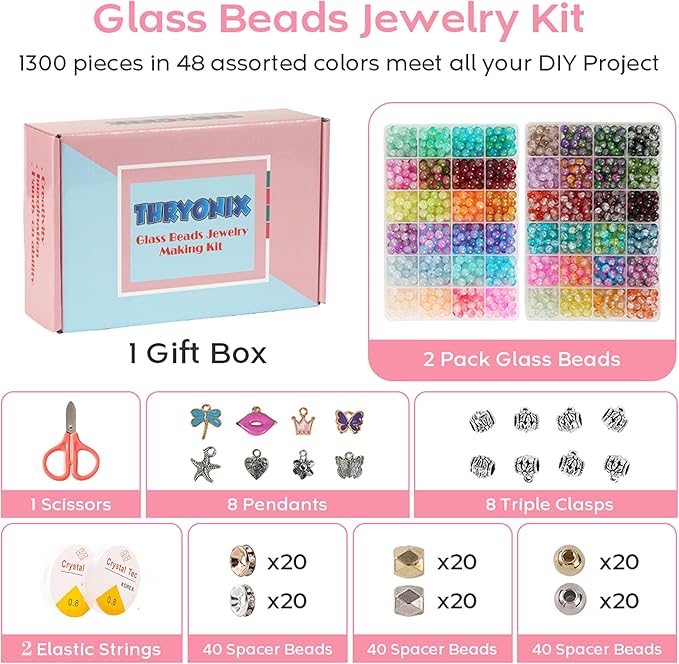 Glass Beads for Bracelet & Jewelry Making - 48 Colors, 1300 PCS+, 8mm Round Crystal Beads for DIY Art, Gifts,Decoration, Beading Projects & Crafts