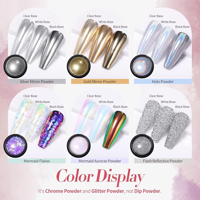 BORN PRETTY Chrome Nail Powder Holographic Nail Art Auroras Mermaid Pearl Nail Powder Reflective Glitter Manicure Pigment Chrome Powder 6 Boxes