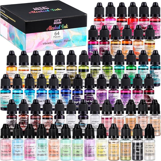 LET'S RESIN 64pcs Concentrated Alcohol Ink Set, 9 Pastel and 9 Metallic Vibrant Colors Alcohol-Based Resin Ink for Epoxy Resin, Alcohol Paint Dye for Resin Art, Tumblers, 3D Bloom (Each 0.35oz)