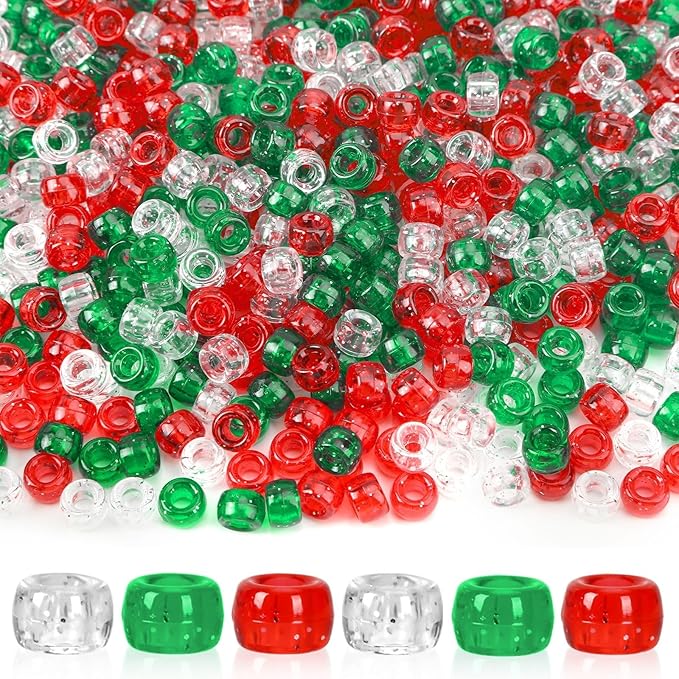 UPINS 1200Pcs Christmas Pony Beads,Glitter Red Green Transparent Pony Beads Bulk for Necklace Bracelets Earrings Jewelry Making Party Decoration Supplies DIY Craft