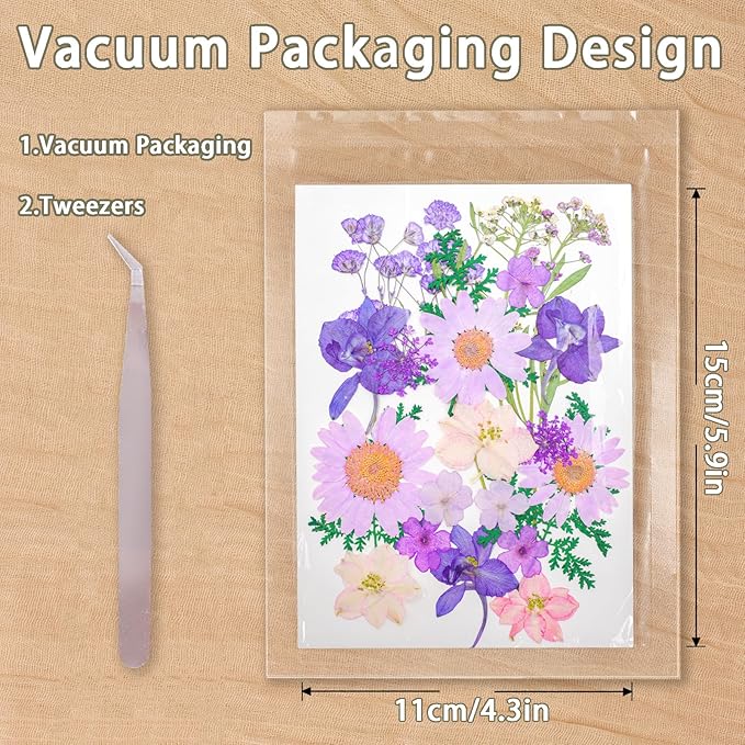 Dried Pressed Flowers Real Pressed Flowers Natural Dry Leaves Bulk Mixed Colorful Herbs Kit with Tweezers for Scrapbooking DIY Candle Jewelry Crafts Making Nails (Strong Color)