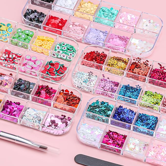 5 Boxes 60 Colors Holographic Nail Art Sequins Kit,Fruit Slice,Iridescent Sparkle Laser Hollow 3D Star Butterfly Heart Round Mixed-shapes Nail Glitter Flakes for Manicure Body Makeup(3-colorful-kit3)