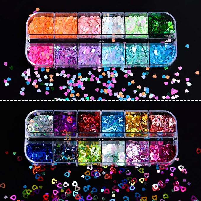 36 Colors Heart Glitter Nail Art Sequins, EBANKU Holographic Heart Shaped Nail Sequin Laser Heart Nail Flake Glitter Decals for Valentine's Day Face Eyes Nail Decoration DIY Craft (3 Boxes)