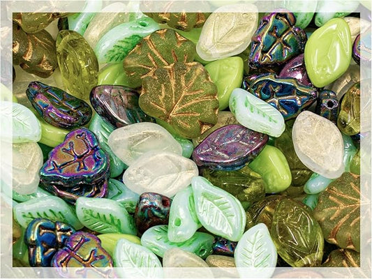 1.4oz (40g) Summer Mix of Small Czech Glass Leaf Beads, Hand Made Set Kit, Leaves 01