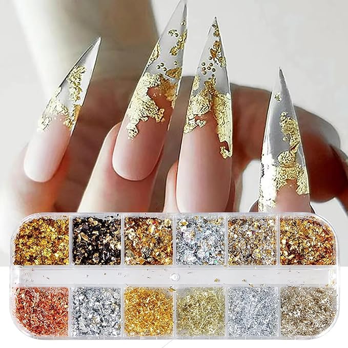 Holographic Nail Glitter Gold Foils for Women Kit -Sparkly Ultra-Thin Aluminum Foil Flake Nail Supplies Irregular Foil Glitter Flakes Design Powder Nail Glitters Sequins DIY Manicure Tip Charms Decor