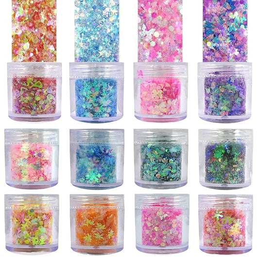 LoveOurHome 12 Colors Aurora Nail Glitter Flakes Iridescent Stars Heart Butterfly Flower Shaped Sequins Confetti Resin Accessories Sticker Acrylic Powder Decor for Nails, Crafts, Resin, Makeup