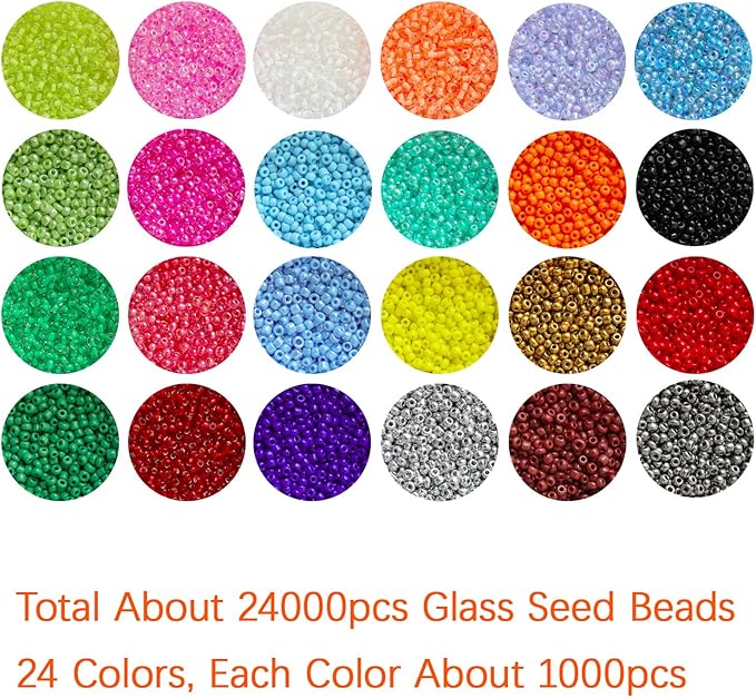 Size 12/0 Crafts Glass Seed Beads 2mm Tiny Pony Beads Assorted Kit with Organizer Box for Jewelry Making (24 Assorted Multicolor Set, Total About 24000pcs)