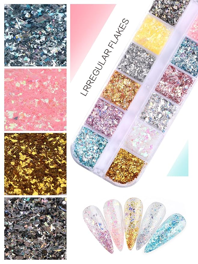 EBANKU 24 Grid Holographic Nail Art Flakes, Foil Glitter Sequins Confetti Gold Silver Irregular Mirror Effect Acrylic Powders Paillette for Nail Decoration