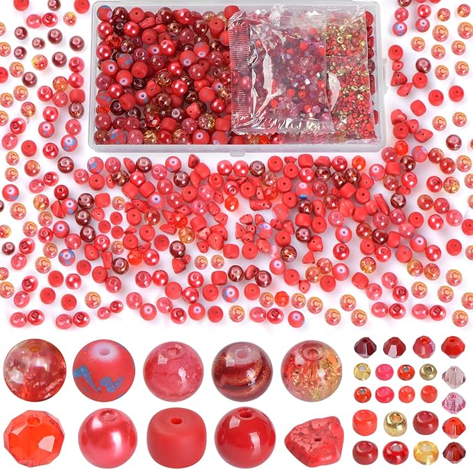 Rired 27 Glass Beads for Jewelry Making, 900pcs Red Bead Jewelry Making kit, 8mm Round Assorted Beads with Bicone and Seed Beads for Bracelet Making
