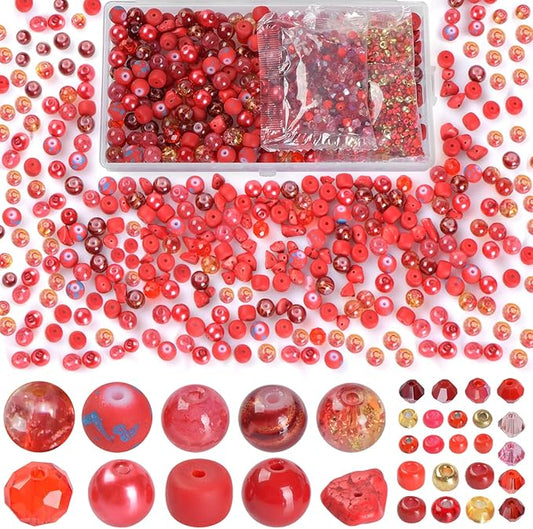 Rired 27 Glass Beads for Jewelry Making, 900pcs Red Bead Jewelry Making kit, 8mm Round Assorted Beads with Bicone and Seed Beads for Bracelet Making