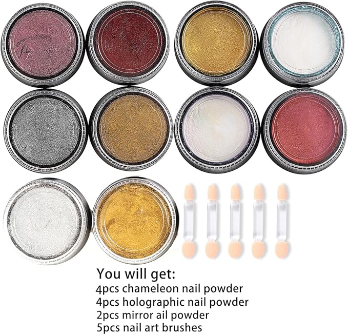 Chameleon Chrome Nail Powder, 10 boxes Pink Purple Aurora Chrome Powder, Gold Silver Holographic Nail Powder, Metallic Mirror Pigment for Nails, Rubbing Dust Manicure Glitter Set