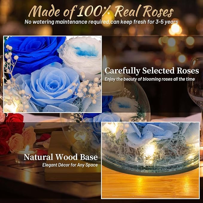 Preserved Blue Real Rose in Glass with Scented Candles–Eternal Flower Romantic Anniversary Mothers Day Christmas Birthday Valentines Day Gifts for Her, Women, Wife, Girlfriend, Mom, Grandma