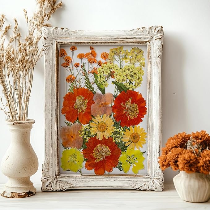 85Pcs Dried Flowers for Crafts, Natural Pressed Flowers for Crafts Real Dried Pressed Flowers Dry Leaves in Orange & Yellow for Resin, DIY Art, Scrapbook, Jewelry, Candle & Soap Making w/ Tweezer