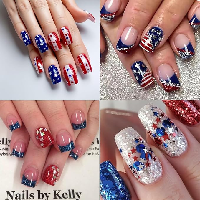 12 Grids Independence Day Nail Sequins，3D Holographic Nails Glitter Laser Star Nail Shining Flakes for Fourth of July Five-Pointed Star Mixed Sequins for America Patriotic Face Makeup Nail Decoration