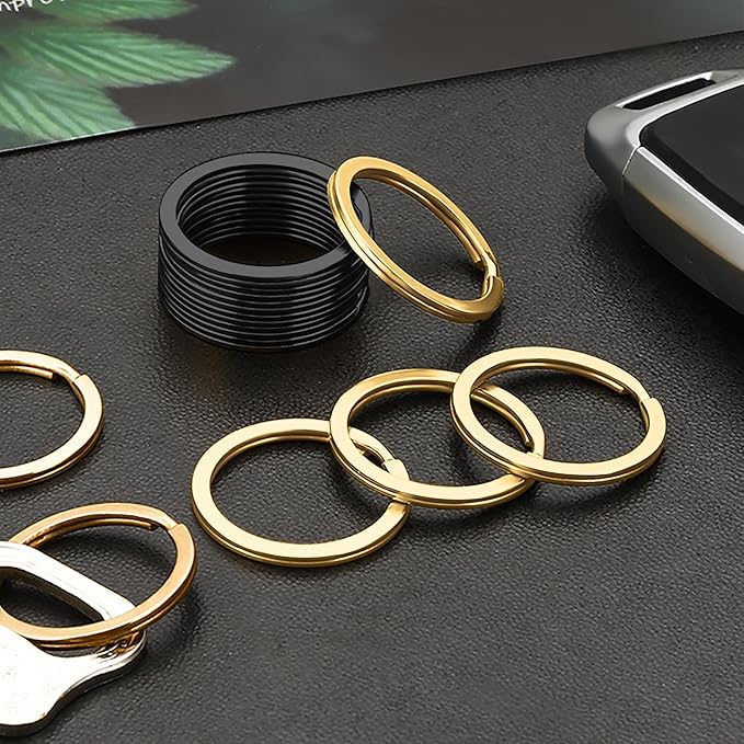 Gkeygo 12 pcs Stainless Steel Key Rings, 1 inch Flat Split Keychain Ring for Car Keys, Dog Tag, Home, Office, DIY, Black - Gold