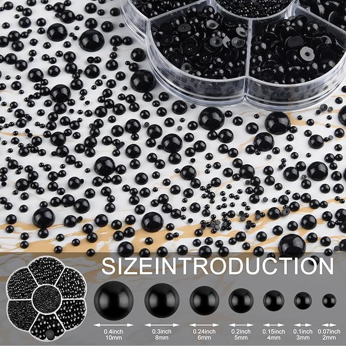 NACHLYNN 6480 Pcs Flat Back Pearl 7 Sizes Half Round Bead Black for Crafts Embellishment Shoes Clothes Bags DIY Making