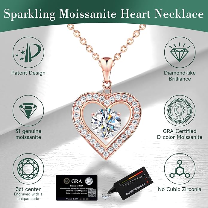Heart Pendant Necklace for Women: Luxury Gift for Wife Girlfriend Mom/Her - 3ct D Color Moissanite - Gold Jewelry with Gift Box- Hypoallergenic & Adjustable Chain - Daily & Special Occasion Wear