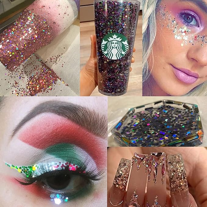 12 Colors Holographic Chunky Glitter Flakes Hexagon Shapes Glitter Sequins Nail Stickers Sparkles Resin Epoxy Accessories for Crafts Nail Art Body Makeup