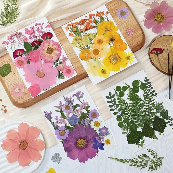 85Pcs Colorful Pressed Flowers for Crafts, Natural Dried Flowers for Crafts Real Dried Pressed Flowers Dry Leaves for Resin, DIY Art, Scrapbook, Nails Decor, Jewelry, Candle & Soap Making, w/ Tweezer