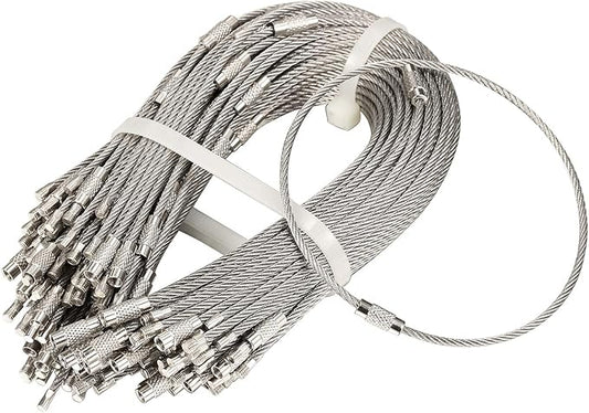 bayite Pack (100) Stainless Steel Wire Keychains Cable, Key Rings, Heavy Duty Luggage Tags Loops Tag Keepers 2mm Twist Barrel (Cable Length: 10 inches)