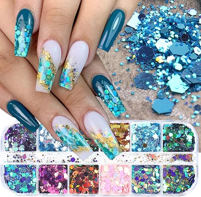 12 Grids Chameleon Nail Art Sequins Hexagon Nail Glitter Holographic Process Sticker Sequins Mermaid Powder Thin Slices Shining Charm DIY Shining Nail Art Tips for Women's Nail and Mermaid Jewelry