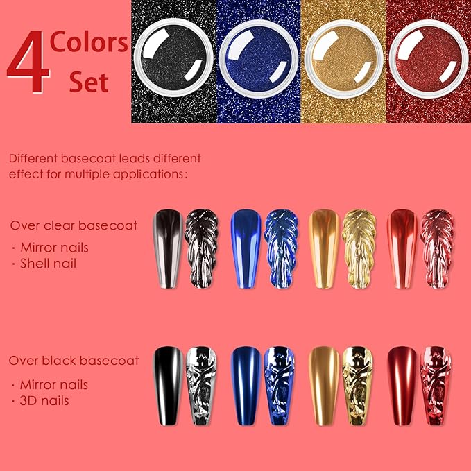 Allstarry Christmas Chrome Nail Powder, 4 Colors Metallic Mirror Effect Blue Gold Red Chrome Powder Manicure Chrome Pigment Glitter Dust Kit for Gel Polish Nail Art Decoration - Ruby Sapphire Series