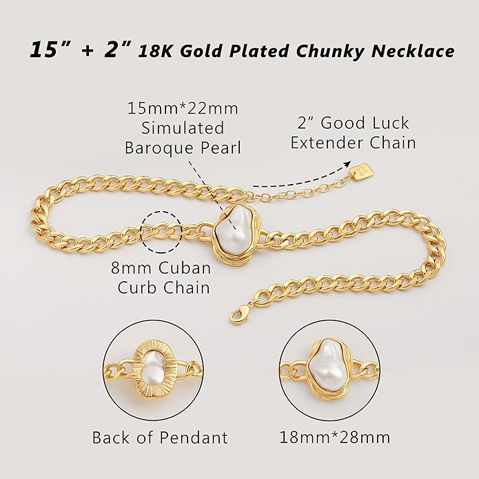 Aobei Pearl 18K Gold Plated Paperclip Chain Choker Satellite Chain Freshwater Cultured Biwa Pearl Pendant Necklace Dainty Jewelry for Women