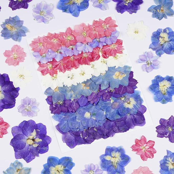 48Pcs Lankspur Dried Pressed Flowers for Crafts,Xinxinran Dry Edible Flower for Cake Decorating,Resin Molds,Bookmark,Jewelry Molds,Candle Making Supplies,Soap,Frame(8 Color)