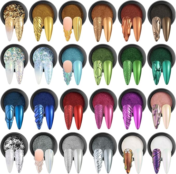 Fcozpjk Chrome Nail Powder Set 24 Colors, Mirror Effect Gold Silver Chrome Glitter Powder White Pearl Chrome Powder Iridescent Pigment for Nails Opal Flakes Gold Leaf for Nail Art Decoration