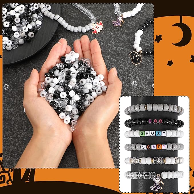 UPINS 1200Pcs Black and White Pony Beads, Halloween Pony Beads Bulk Hair Crafts Grey Transparent Plastic Beads DIY Party Decoration 6 x 9 mm