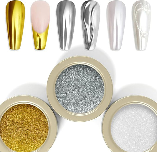Laza 3 Colors Chrome Nail Powder Mirror Effect Metallic Dust Holographic Glitter Glazed Manicure Decoration Reflective Pigment for DIY Gel Polish Nail Art, Resin Craft, Gifts - Gold Silver Pearl