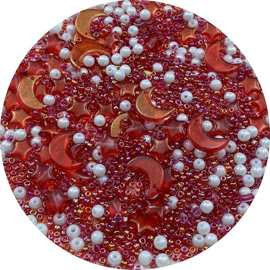Assorted Glass Beads for Jewelry Making Multi Size Colors Glass Star Moon Seed Pearl Spacer Beads for Bracelets Necklace Earring Making(White Red)