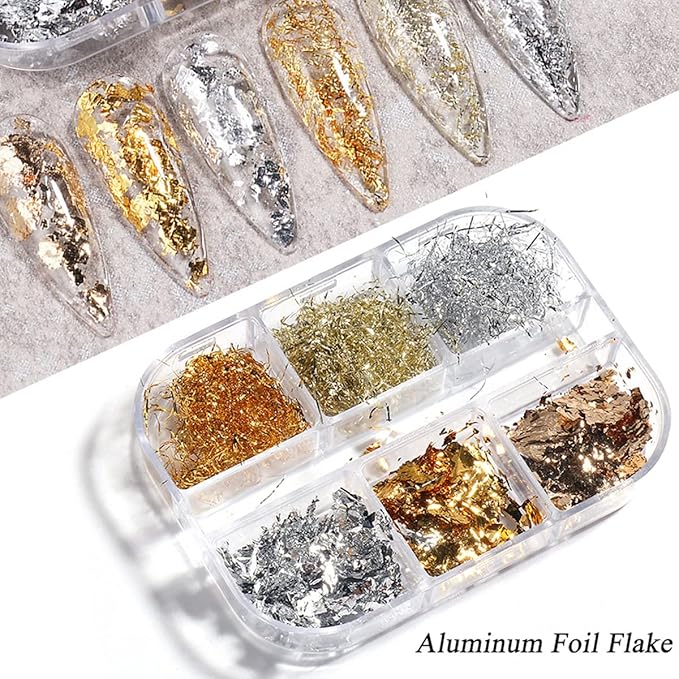 Holographic 3D Sparkly Aluminum Nail Art Foil Flakes - Glitter Sequins for Acrylic Nails - Gold Silver Irregular Line Strip Designs (6 Grids)