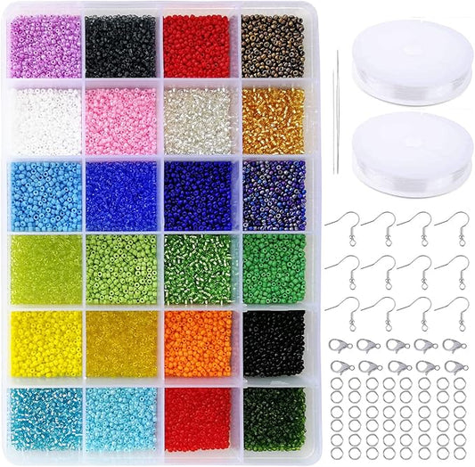 Glass Seed Beads Assorted Kit - Size 12/0 (2mm Tiny), 24 Multicolor Options (14,400pcs Total) with Organizer Box for Adult DIY Jewelry Making