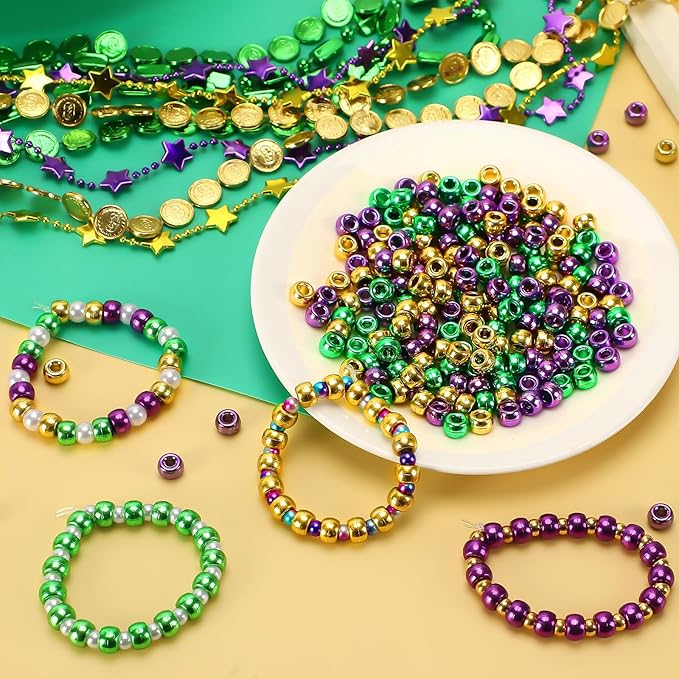 UPINS 1200Pcs Mardi Gras Pony Beads for Jewelry Making Crafts Friendship Round Plastic Gold Purple Green Beads Carnival Masquerade Party Favors Mardi Gras DIY Decor Supplies
