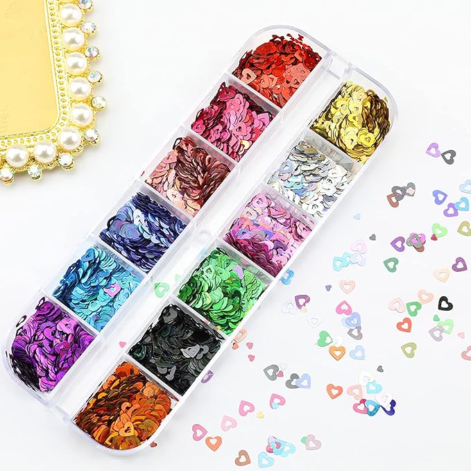 Love Heart Nail Art Glitter Sequins, 12 Colors Holographic Hollow Heart Shapes Nail Flakes Designs, 3D Laser Sparkly Big Small Hearts Nails Supplies for Women Manicure Decorations, DIY Shiny Crafts