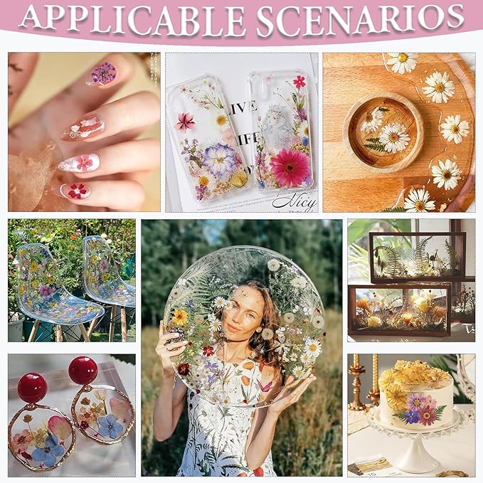 Eshow 70Pcs Dried Pressed Flowers for Crafts, Natural Dry Flowers for Resin with Tweezer for Scrapbooking DIY Art Crafts, Epoxy Jewelry Molds, Candle, Soap Making